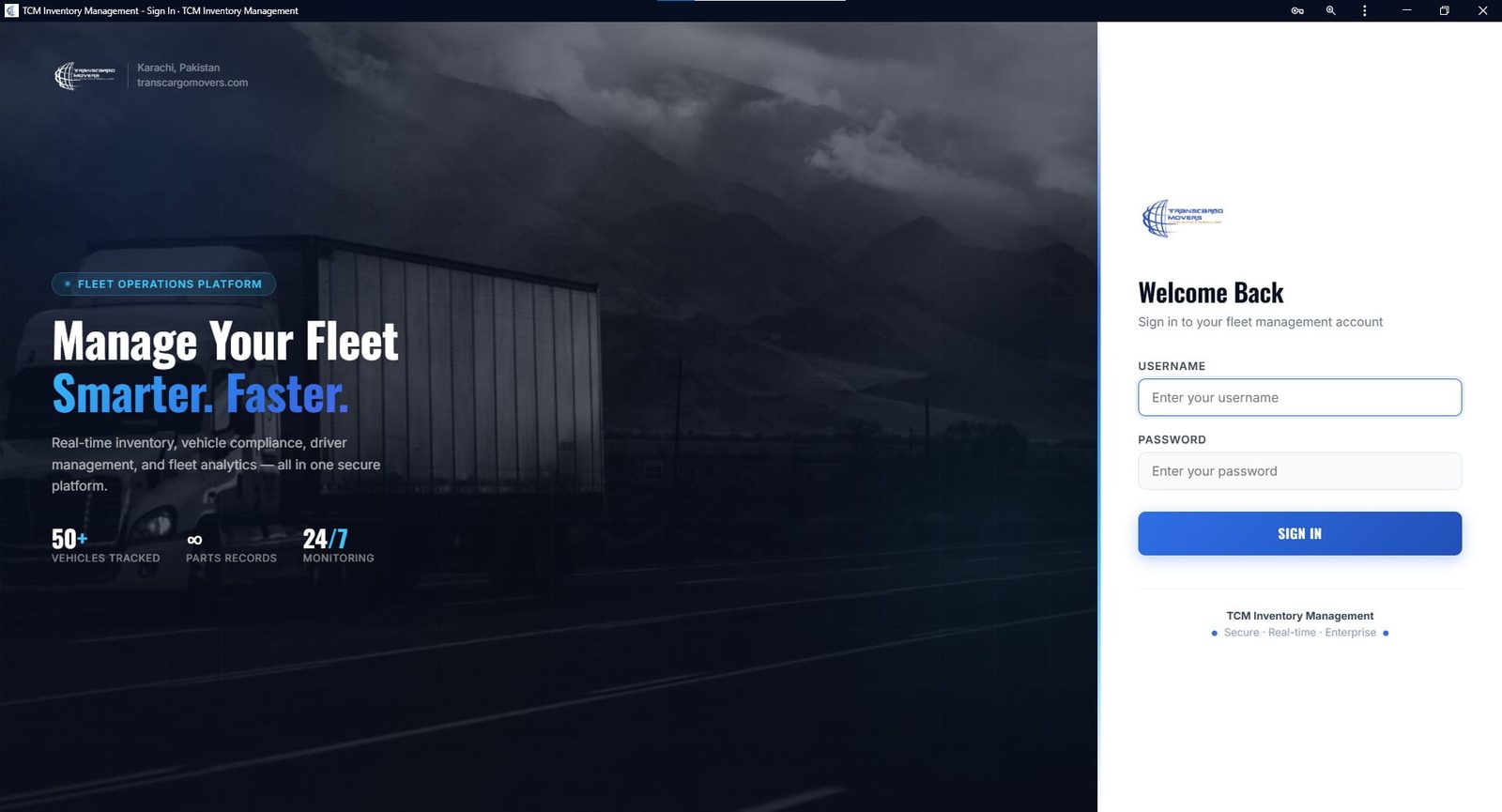 Fleet management software — secure sign in